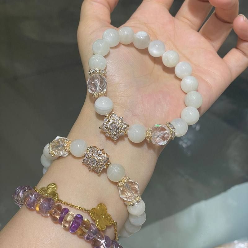 新品天然月光石超级仙手链白月光白水晶圆珠DIY手串工厂批发