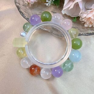 天然粉水晶红胶花薰衣草紫水晶海蓝宝搭黄水晶双尖轻奢手串S0445