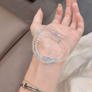 海洋风天然海蓝宝手链小众设计饰品女高级感原创手作白水晶手串