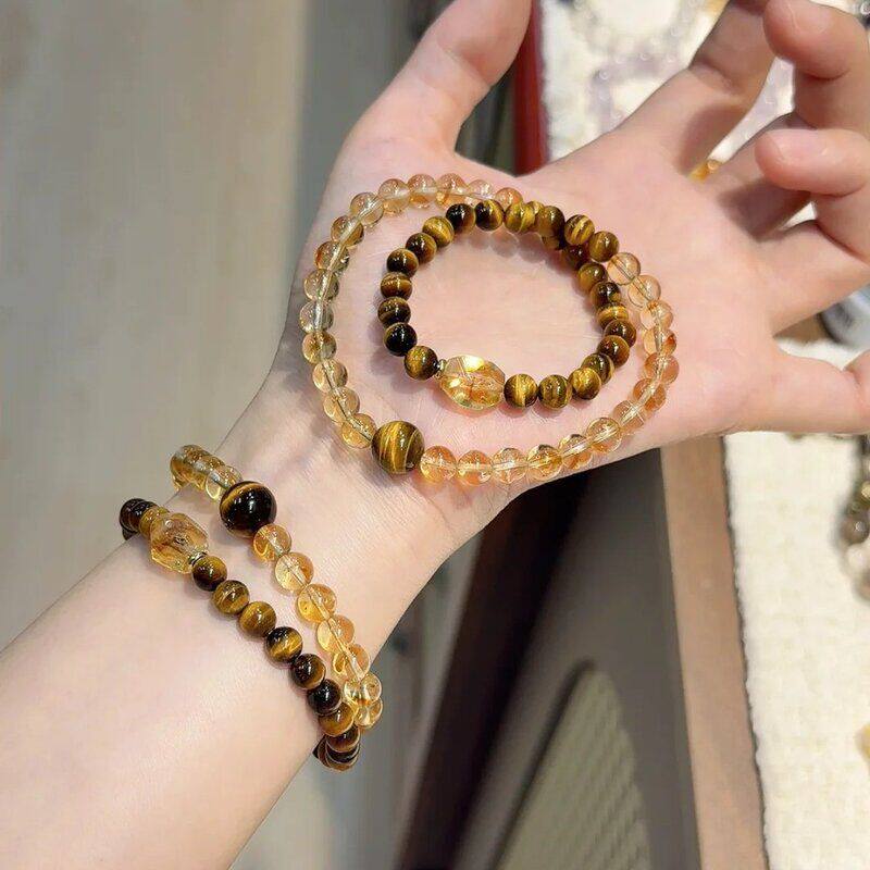 天然水晶手串黄塔晶黄虎眼双圈叠戴美拉德风双圈手串招财送女朋友