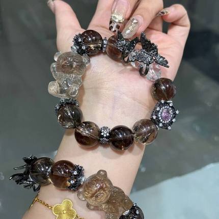 天然茶水晶大颗粒手链原创diy单圈手串搭配茶晶小熊高级闺蜜女