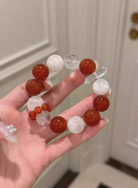 冰糖荔枝|14mm天然雪花幽灵红玛瑙白阿赛水晶双尖串珠手链手串女
