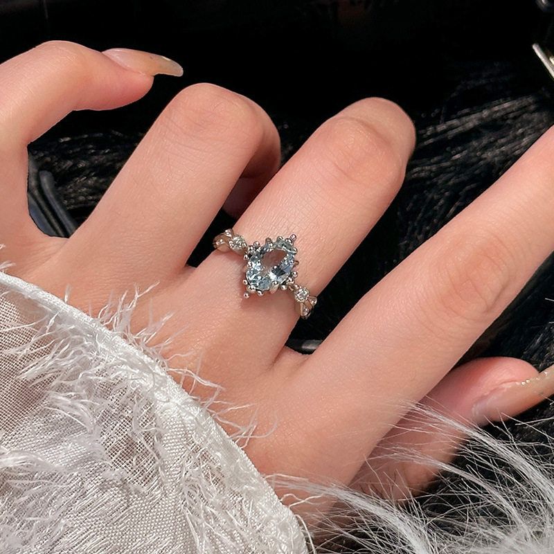 天然海蓝宝s925纯银戒指女时尚