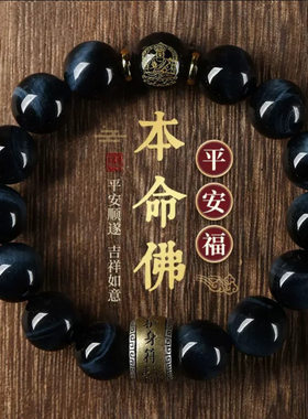 蓝虎眼石手链男士佛珠手串女本命佛礼物生肖鸡不动明王纯银吉祥物