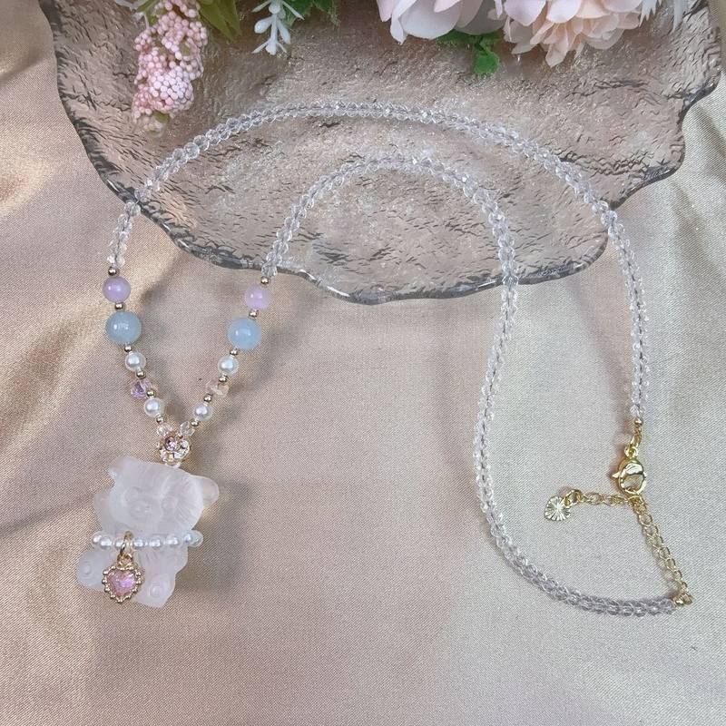 天然白水晶招手小熊贝珠围脖赠链