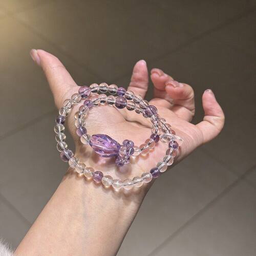天然紫水晶双圈手链紫水晶白水晶多圈手串女款简约百搭显白手饰
