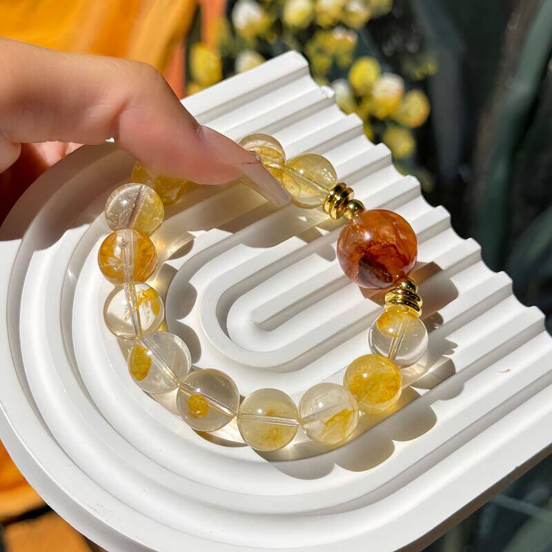 天然水晶手串黄胶花红胶花幸运锦鲤胶花手链简约设计可塘水晶批发