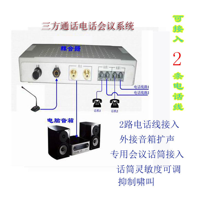 三方通话电话会议耦合器2条电话线接入电话音频转接器连接调音台