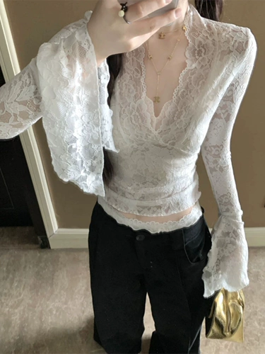 Дизайнерский сексуальный осенний демисезонный короткий лонгслив, тренд сезона, V-образный вырез, в обтяжку