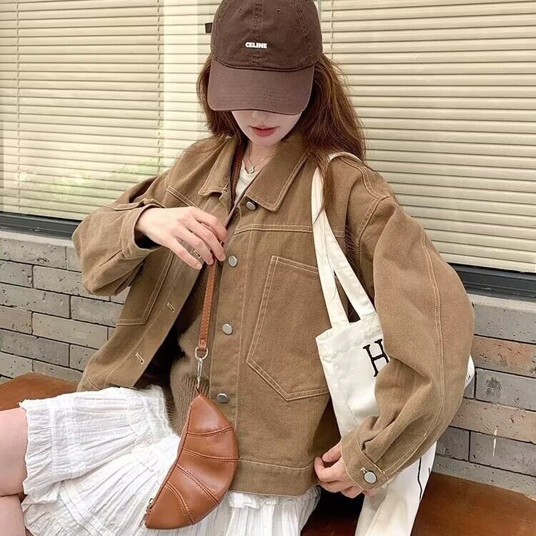 复古港味盐系牛仔外套女短款春秋装新款韩版宽松百搭工装夹克