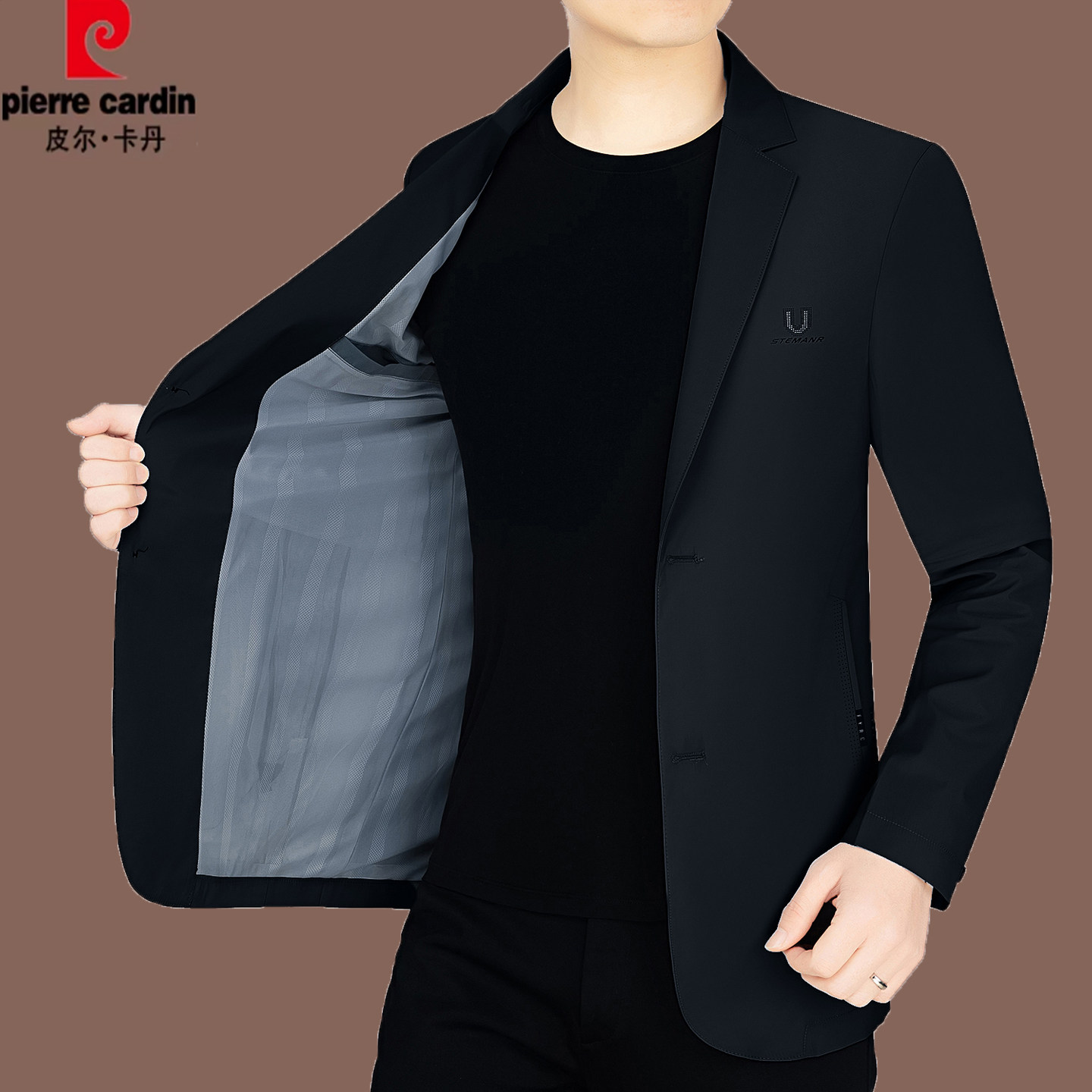 皮尔卡丹春夏季男士西服上衣薄款防晒中年休闲西装外套春季男单西