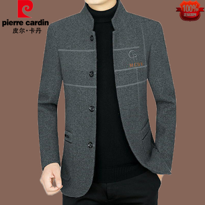 皮尔卡丹秋冬款夹克男商务休闲加厚羊毛呢立领修身中山装爸爸外套