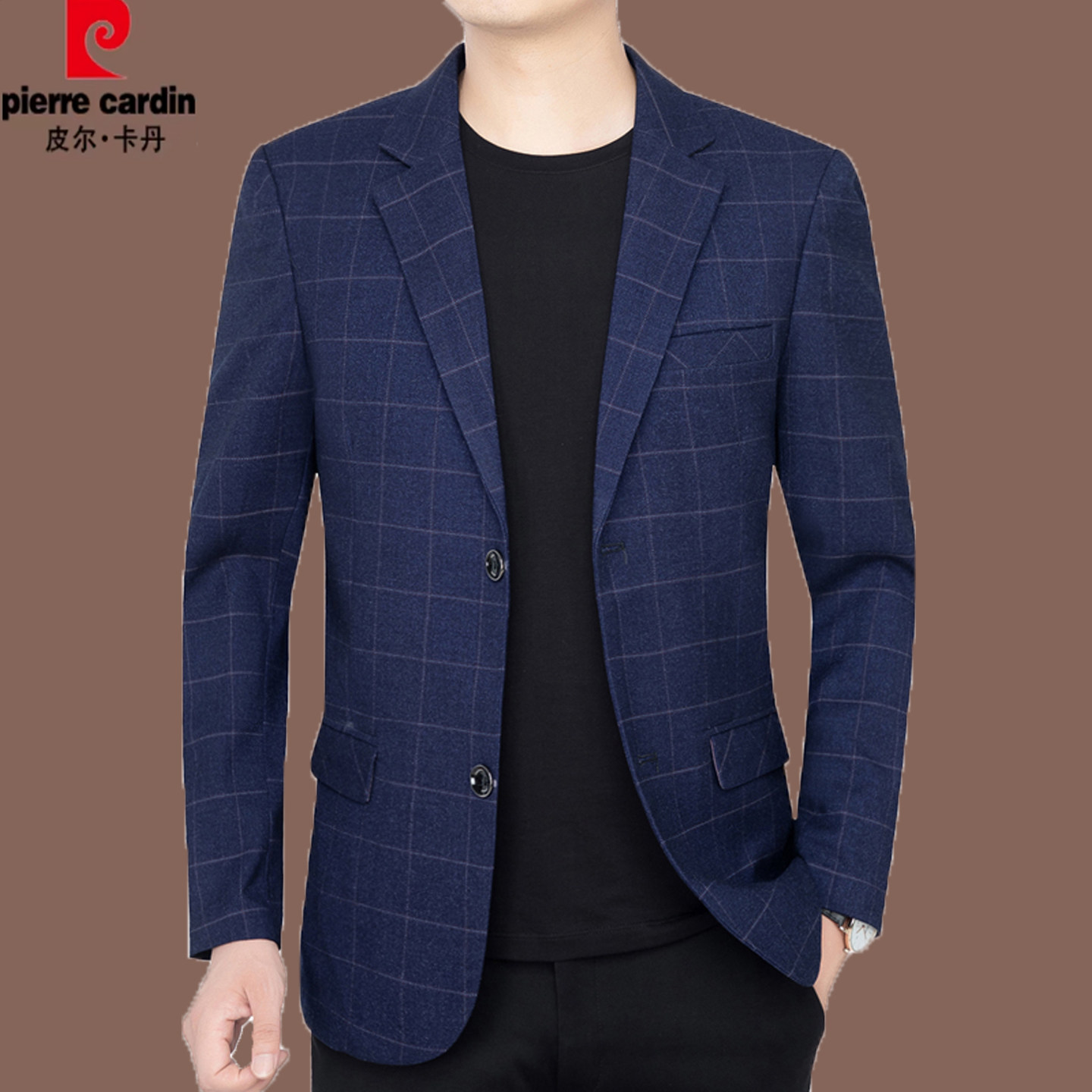 皮尔卡丹春秋新款中年男西装商务休闲格子修身韩版西服上衣爸爸装