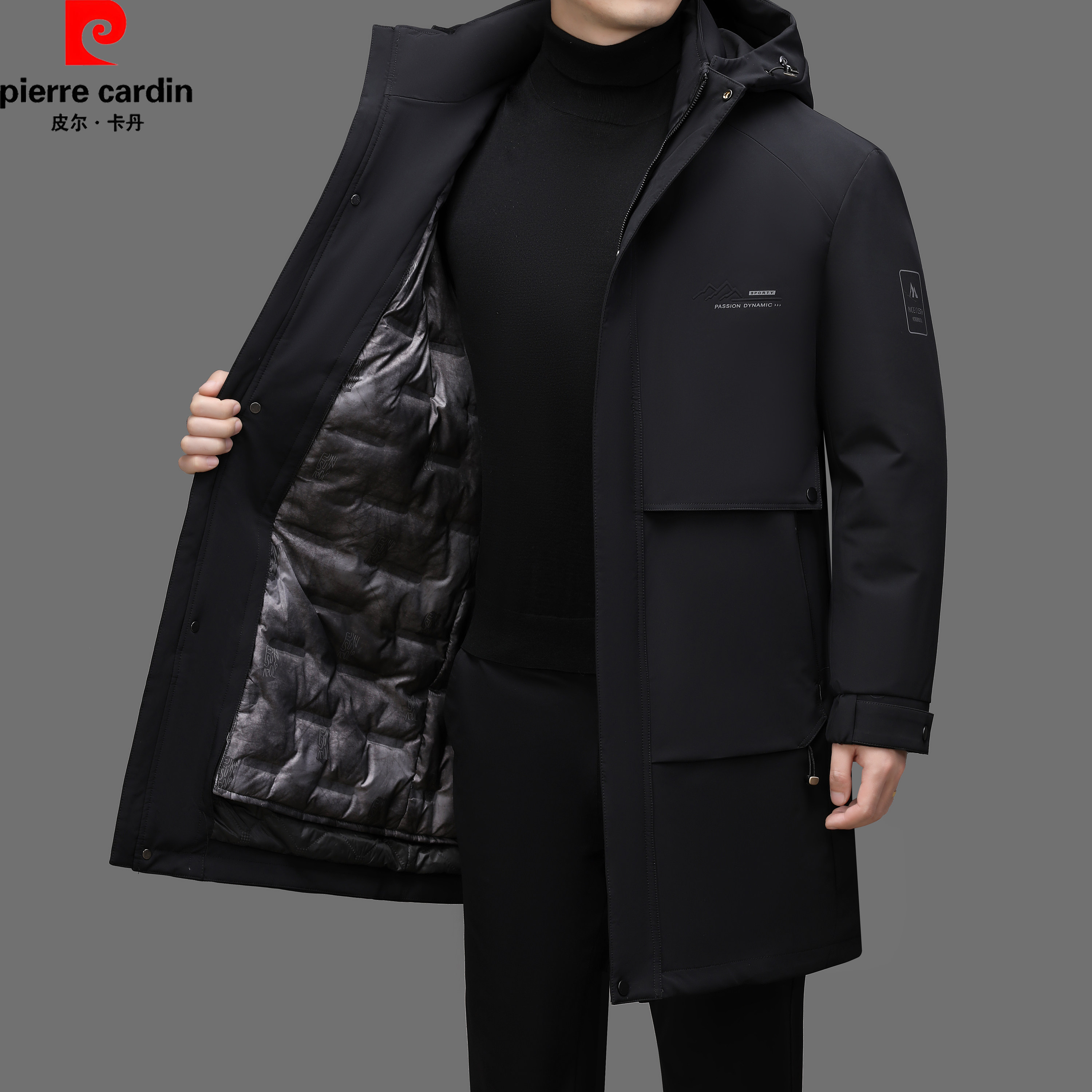 皮尔卡丹男士羽绒服冬季新款中年爸爸装加厚中长保暖可拆卸帽外套