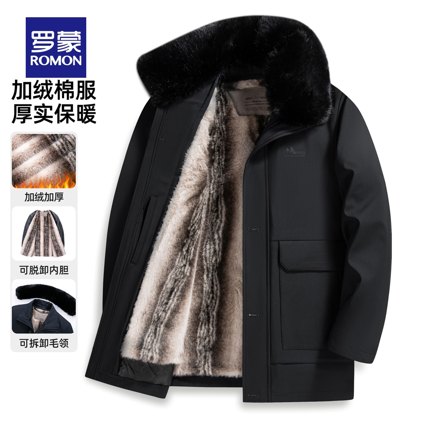 罗蒙可脱卸毛领棉服男士冬季中年爸爸冬装保暖加绒内胆棉袄外套MF