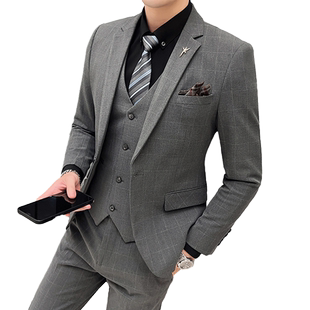 罗蒙男士商务工装格子西服套装2026秋季职业正装结婚礼服三件套男