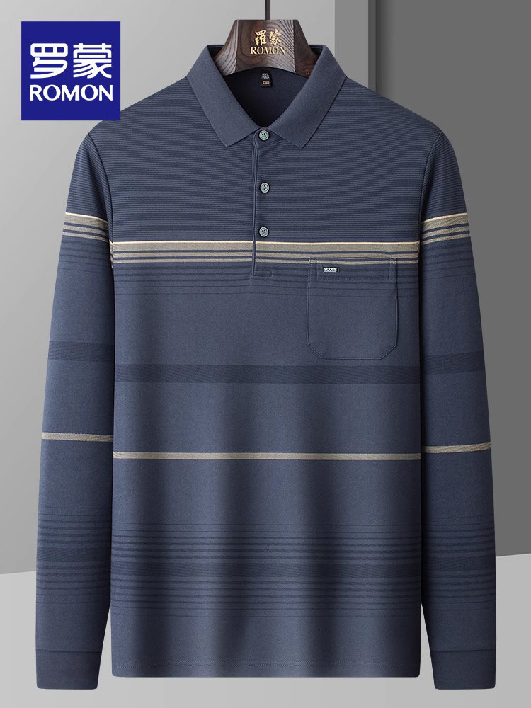 ROMON MENS LONG SLEEVE POLO SHIRT 2024 FALL NEW VERSATILE STRIPED T-SHIRT MIDDLE-AGED AND ELDERLY DAD OUTFIT BASE SHIRT