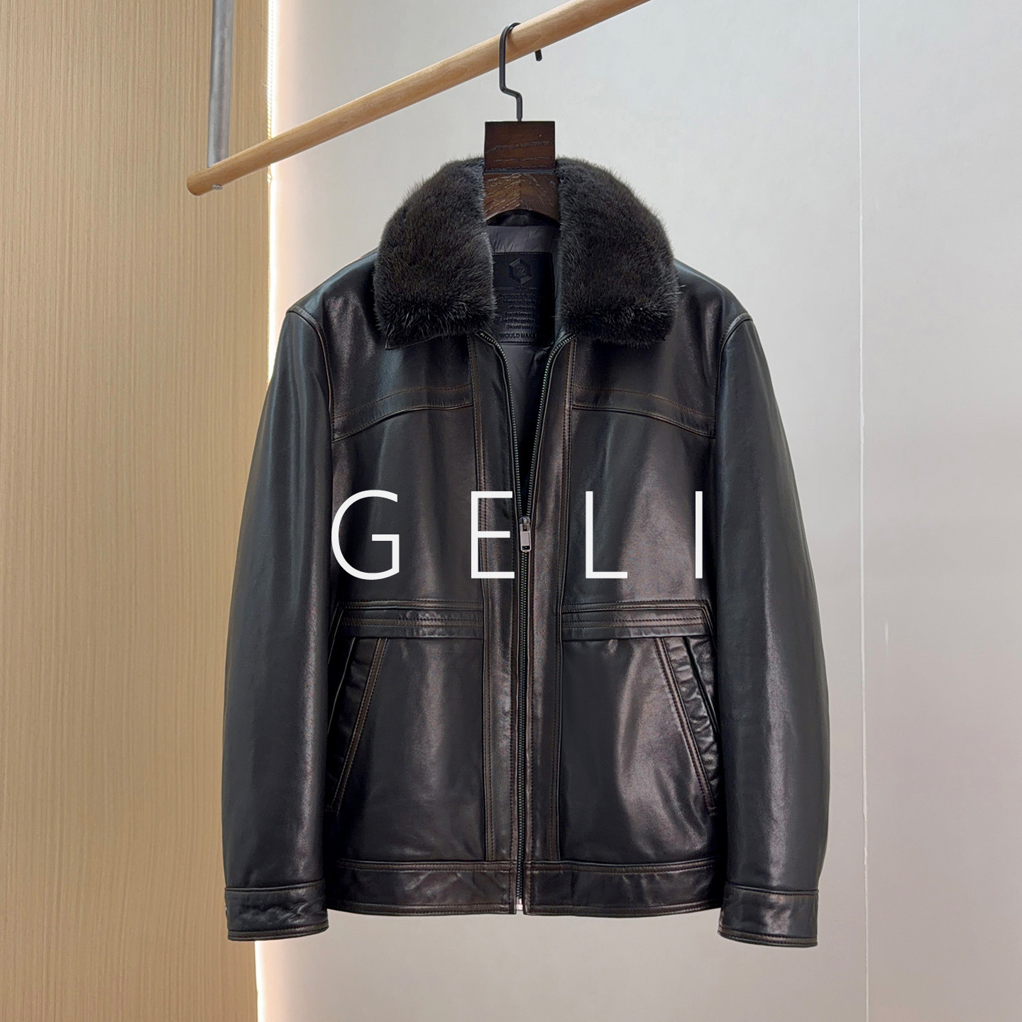 GELI高档轻奢水貂毛领绵羊皮白鸭绒羽绒服夹克真皮皮衣男冬季外套