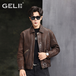 翻领空军机车时尚 休闲真皮皮衣男头层山羊皮夹克短款 外套 工装 美式