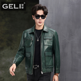 2025新款真皮皮衣男墨绿色头层绵羊皮夹克短款翻领机车服工装外套