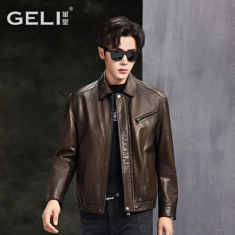 2025新款男士真皮皮衣头层山羊皮夹克翻领短款落肩袖时尚帅气外套