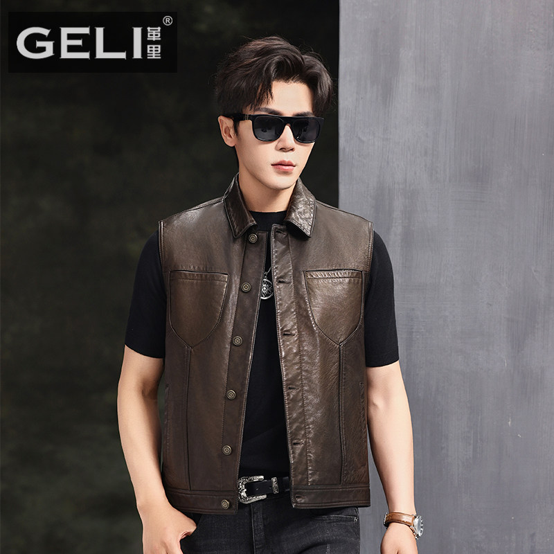 新款海宁真皮皮衣男头层绵羊皮夹克短款翻领马甲修身机车服外套潮