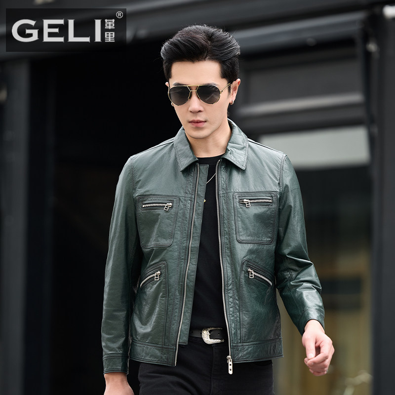 2025新款海宁真皮皮衣男头层牛皮夹克墨绿色短款翻领工装时尚外套