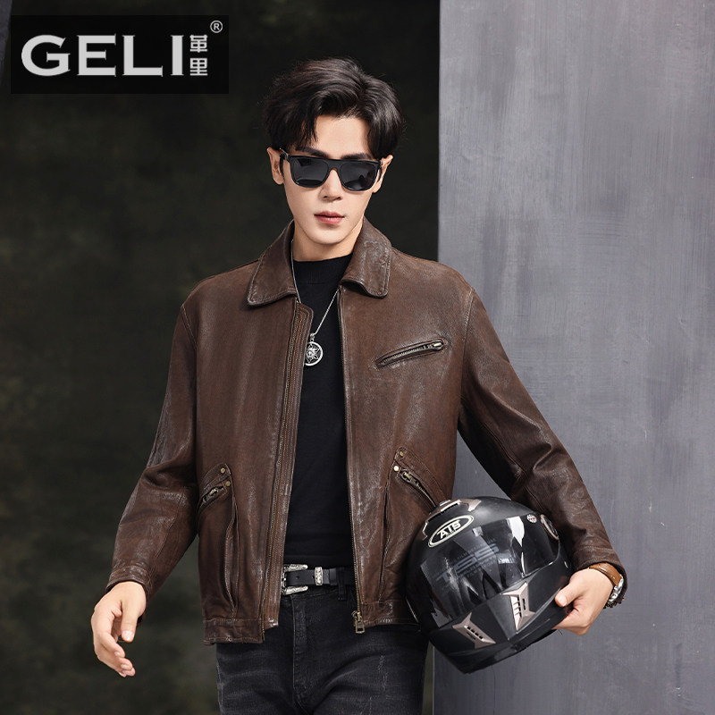 新款真皮皮衣男头层山羊皮夹克短款翻领机车做旧插肩袖时尚外套潮