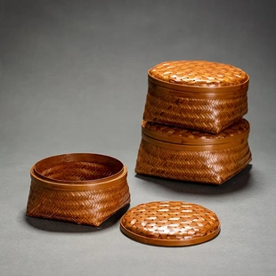 日式竹编茶具收纳盒户外防尘大漆茶点盘零食干果收纳框带盖圆形