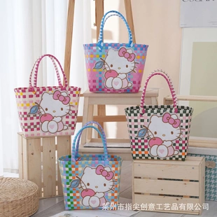 儿童节彩色编织手提礼品篮生日满月结婚伴手礼篮沙滩包外出小提篮