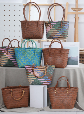 春节复古编织手提篮生日伴手礼篮年货收纳篮子散步手提包沙滩包