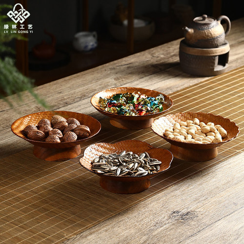 竹编果盘高脚点心盘复古花边果盘