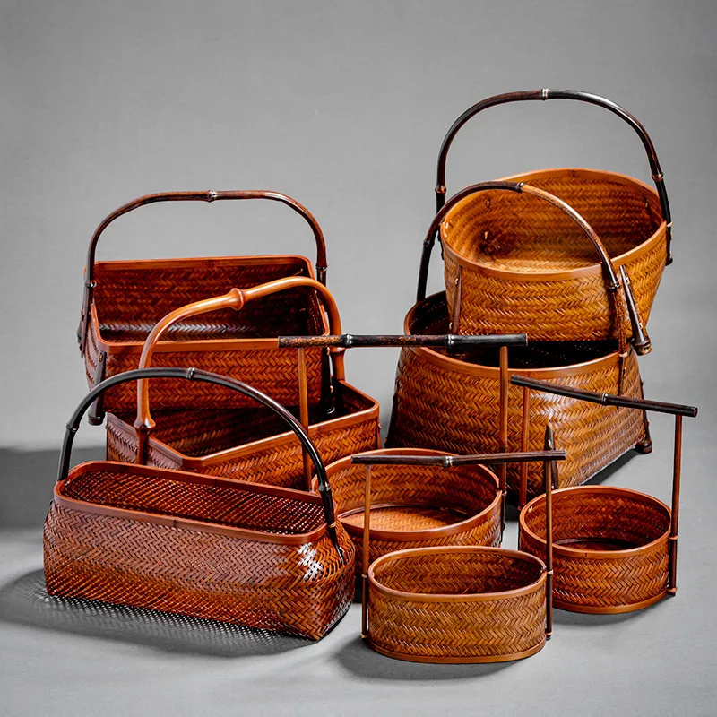 大漆竹编收纳筐复古手提篮小竹篮竹筐圆形水果点心篮茶具收纳提篮