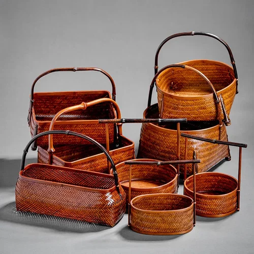 大漆竹编收纳筐复古手提篮小竹篮竹筐圆形水果点心篮茶具收纳提篮