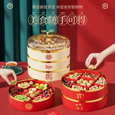 新年喜庆糖果盒客厅零食坚果干果盒结婚密封分格带盖中式果盘代发