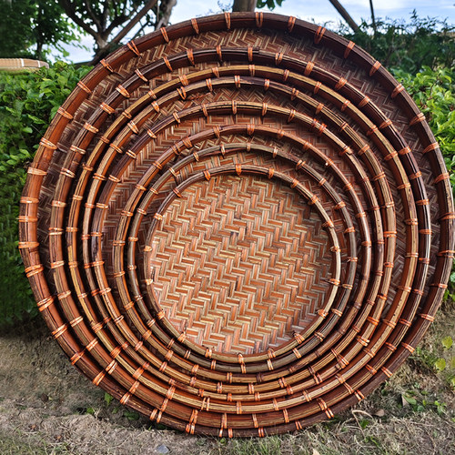 复古竹编圆簸箕家用无孔晾晒大号