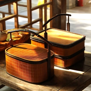 新年礼品包装礼盒竹丝手提竹盒双层食盒复古手提篮送餐篮点心篮子