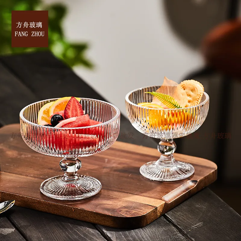 简约加厚玻璃杯高档设计感条纹雪糕杯冰淇淋杯甜品杯高颜值燕窝碗