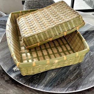 竹编长方形收纳筐超市展示筐宠物篮农家蔬果厨房收纳篮手工编制品