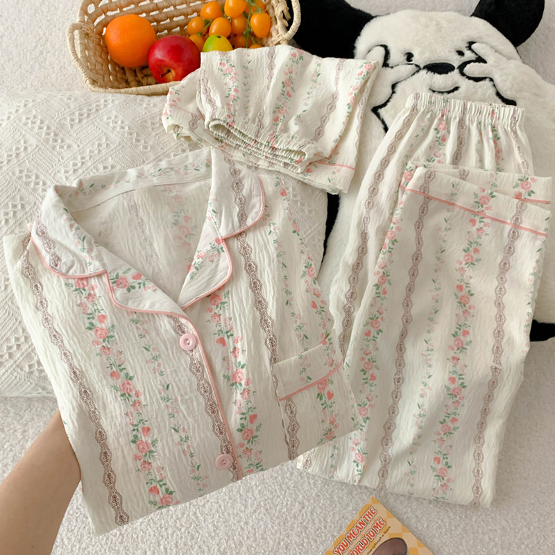 夏季ins风甜美碎花云朵棉短袖短裤休闲舒适感可外穿三件套睡衣女