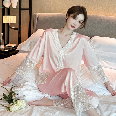 高档冰雪丝ins睡衣纯欲风蕾丝花边少女长袖长裤凉爽高颜值家居服