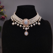 一梦星河 原创设计复lo手作白色珍珠蓝宝石项链异域风重工礼服