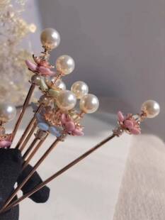 一梦星河原创汉服配饰马卡龙梦幻粉蓝绿色花朵珍珠神棍黛玉簪