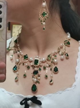 一梦星河/原创设计复古风绿色锆石珍珠项链耳环套装异域风礼服
