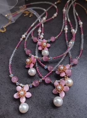 原创汉服配饰日常粉色小花幻彩珍珠项链软璎珞
