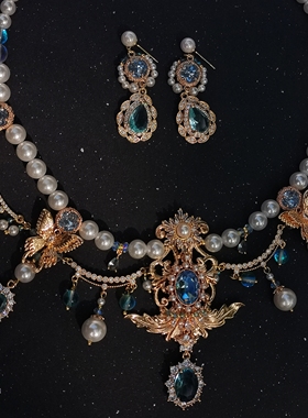 一梦星河手作原创lolita项链锆石复古宫廷项链蓝色异域风蝴蝶璎珞