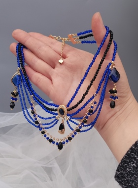 孤品/克莱因蓝多层帷幔流苏复古蓝黑色lo手作手工项链汉服璎珞