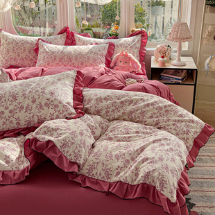 A类化纤面料宿舍三件套防螨防过敏亲肤透气法式工艺花边四件套