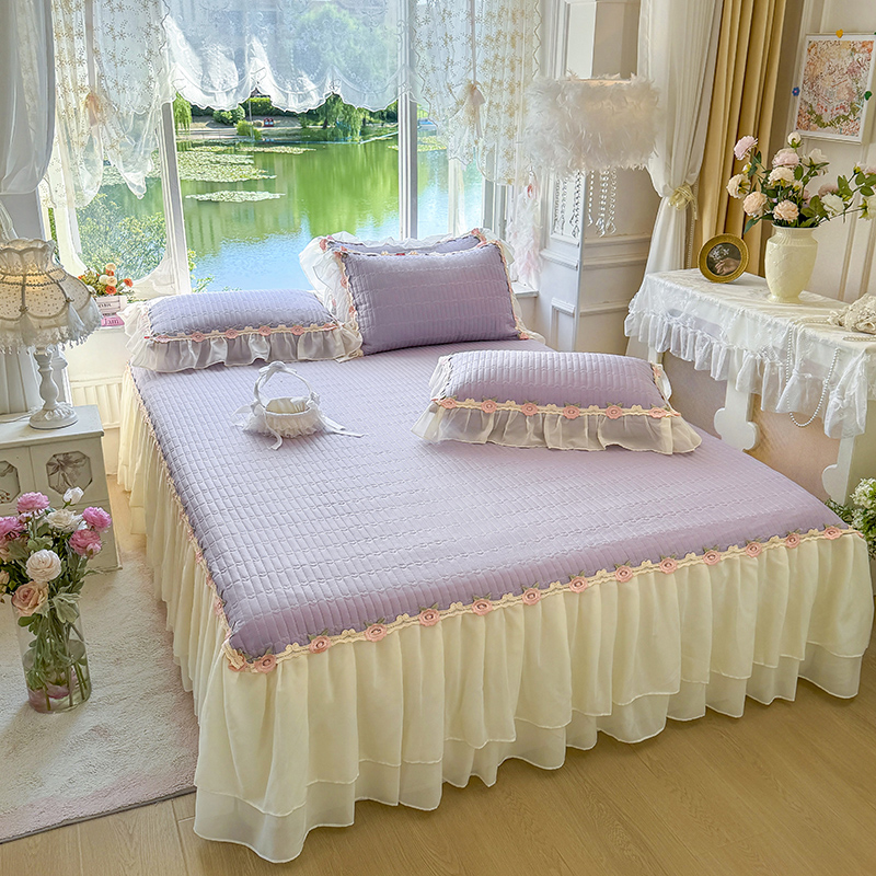 2025新款法式全棉花边床裙三件套纯棉夹棉床上用品花边床裙