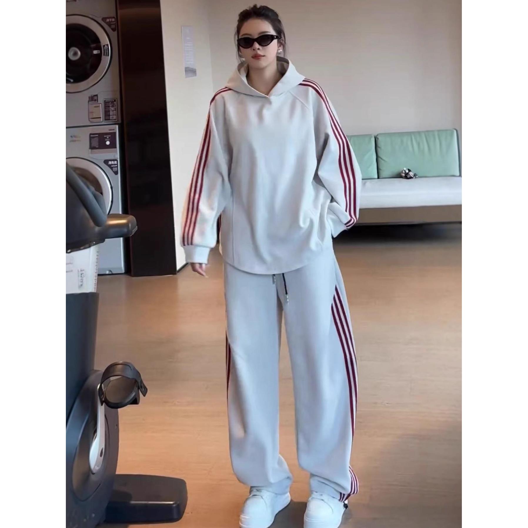 秋季男士美式撞色三道杠连帽休闲运动套装情侣款卫衣休闲裤两件套